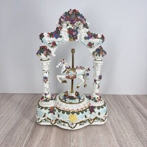 Vintage Porcelain Carousel Music Box Cherubs Roses Floral Carousel Horse